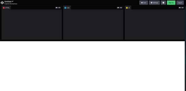 En la imagen se ve la página de codepen abierta y 3 secciones para escribir código