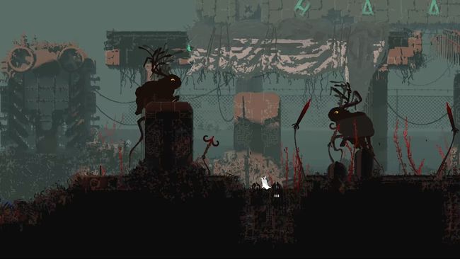 Captura de un nivel de RainWorld, se ven dos monstruos y en el medio el gatobabosa blanco y pequeño