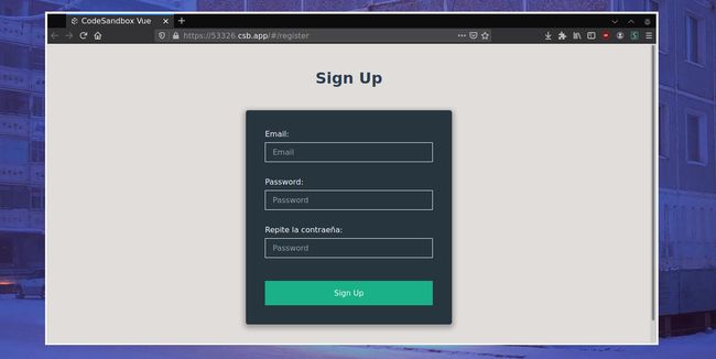 En la imagen se ve un formulario con tres inputs, uno para el email, otro para la contraseña y el último de repetir la contraseña. Además hay un botón de enviar